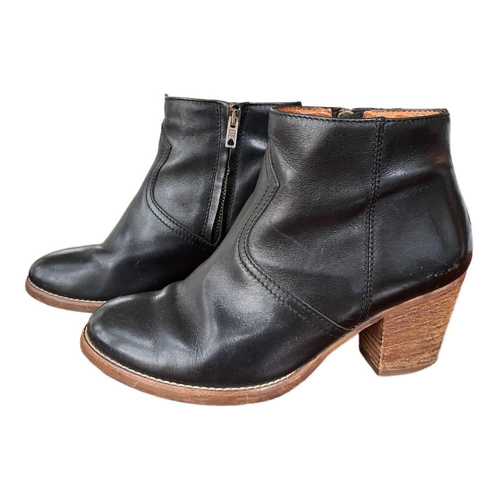 Madewell Black Leather Booties Stacked Heel Side Zip Western Style Women's 6